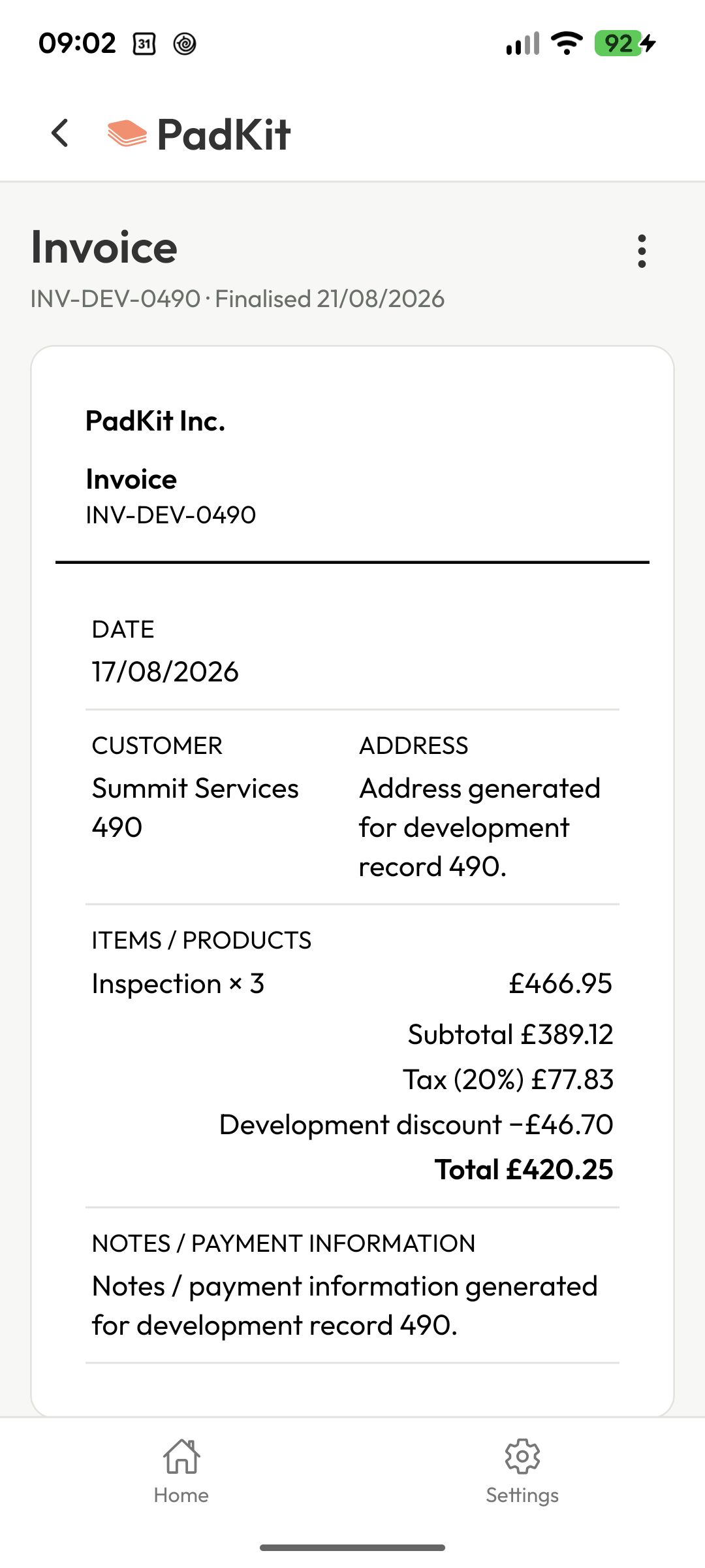 A finished invoice ready to share from PadKit