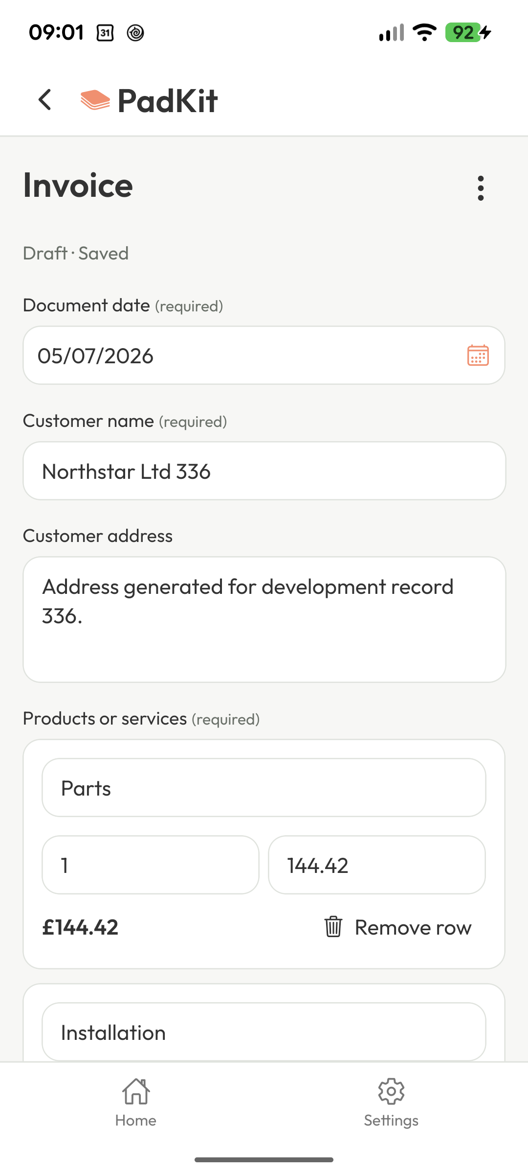 Editing an invoice and its line items in PadKit
